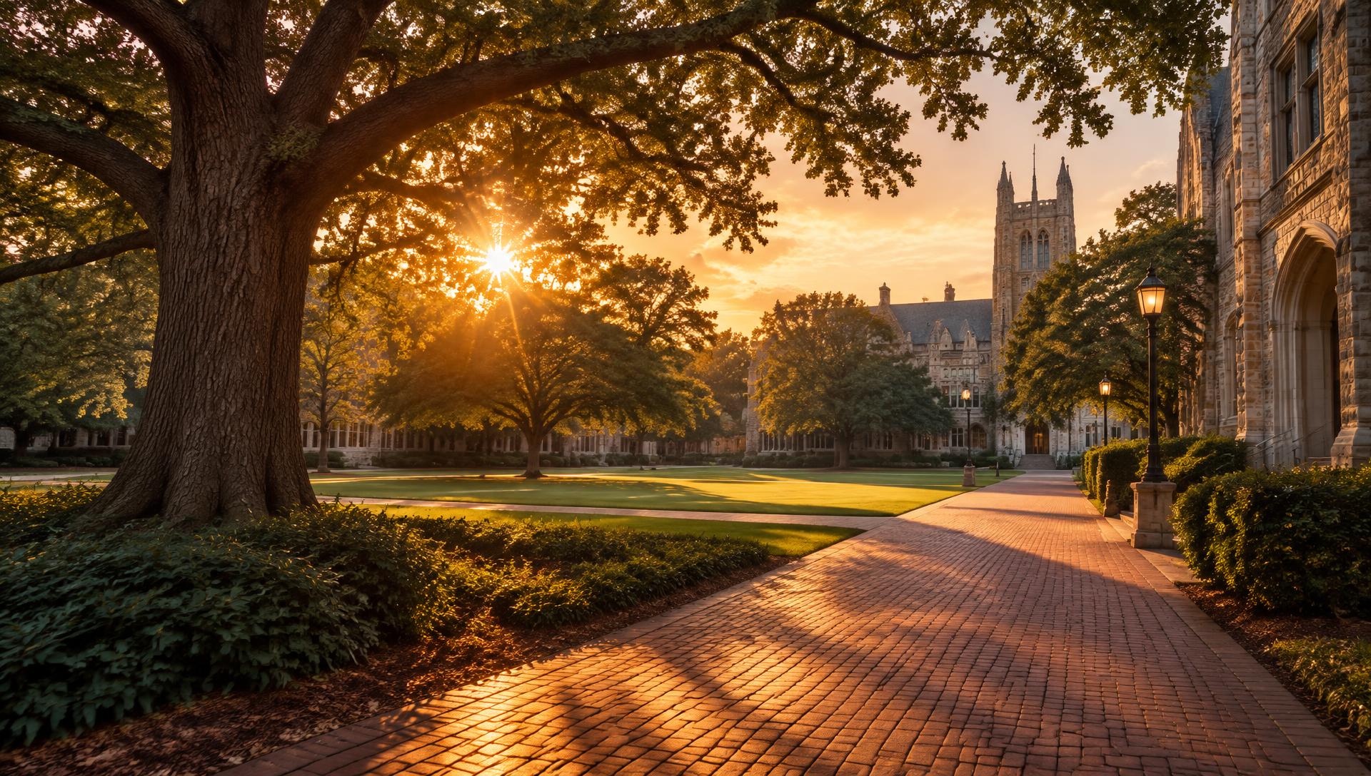 Golden afternoon light across a university quad