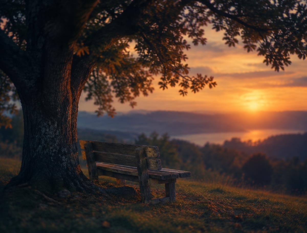 A quiet bench beneath an old tree at sunset
